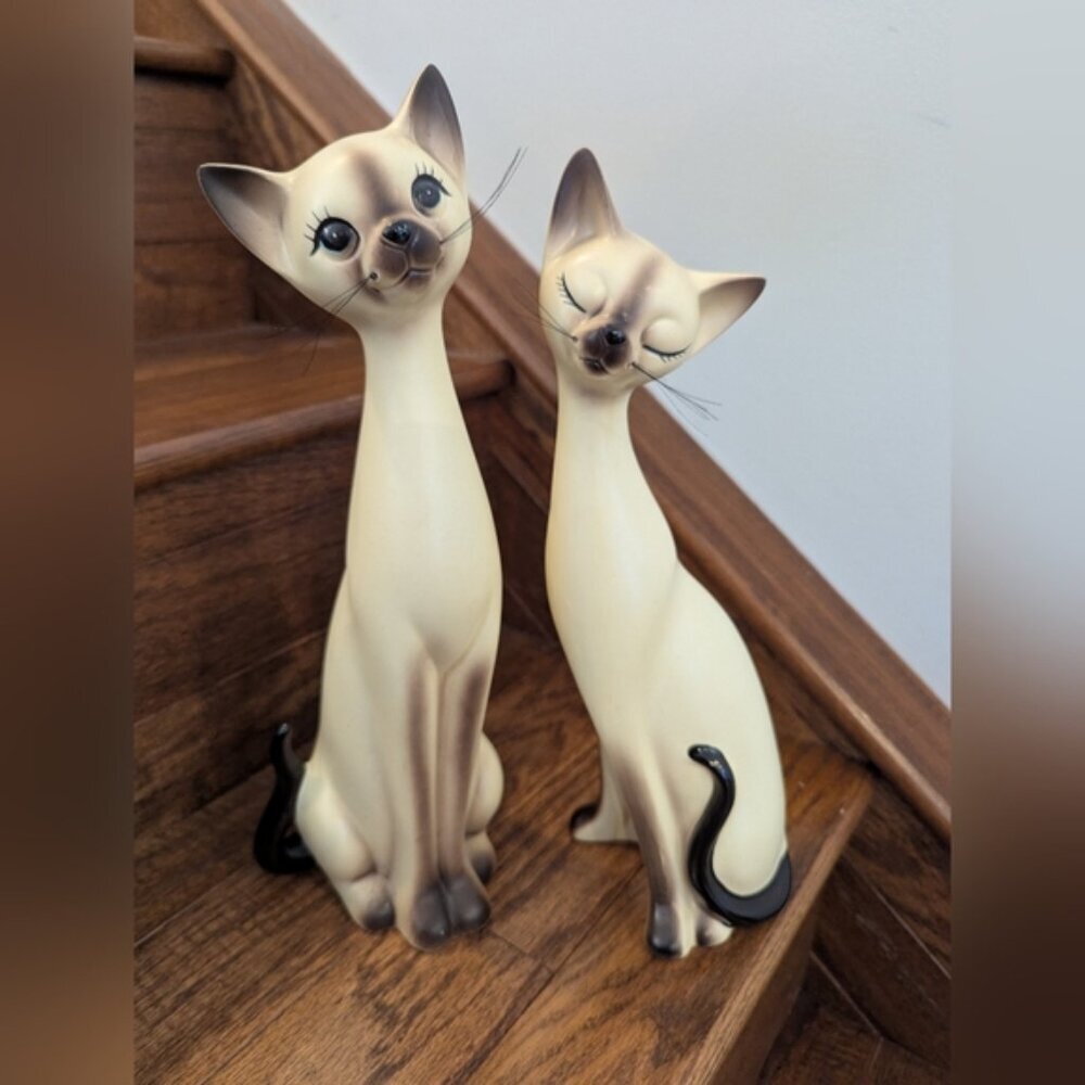 Vintage Norcrest Japan Siamese Long Neck Cats 1950s Tall Porcelain Cat Figurines - Picture 2 of 14